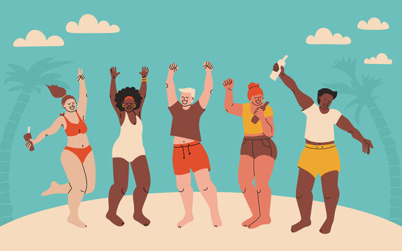 Party on the beach. Multiethnic happy group of people having fun, relaxing and dancing. Men and women with cocktails and bottles in their hands. Vector flat illustration.