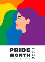 Pride month 2021 logo card with minority flag.Banner Love is love.Rainbow Pride background,LGBT,sexual minorities,gays and lesbians.Designer sign,logo,icon:colorful rainbow in background.Vector	