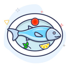 Fresh fish on a plate outline illustration. Seafood dish vector line symbol.