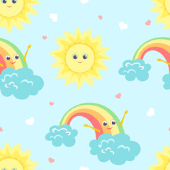 Fototapeta na wymiar Childish background with cartoon cute sun, clouds and rainbow. Sky seamless pattern. Vector flat illustration with funny characters.