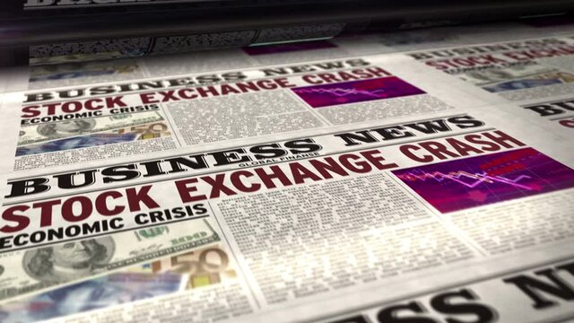 Stock exchange crash business news. Economic crisis, market and financial media press production abstract concept. Newspapers printing and disseminating loopable and seamless 3d animation.