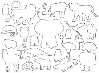 Set of animals silhouettes. Vector outline cartoon isolated graphic hand drawn illustration. Elephant hippo zebra flamingo lion boar tapir penguin wombat bear marmot chameleon crocodile kiwi snake