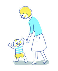 ママに向かって歩く赤ちゃん