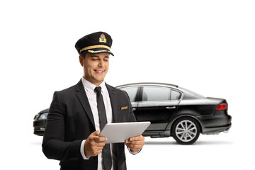 Chauffeur with a black car using a digital tablet