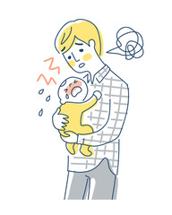 泣いている赤ちゃんをあやすパパ