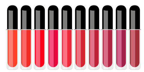 Illustration of a set of different red lipsticks in a transparent tube and black cap
