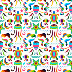 Vector Seamless Mexican Otomi Style Underwater Pattern