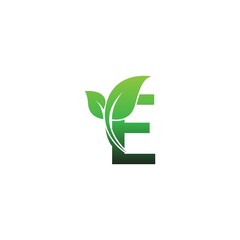 Letter E with green leafs icon logo design template illustration