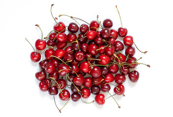 Obraz na płótnie Canvas Fresh Cherry berries with stems on white background. Top view