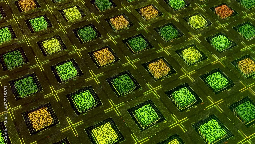 Poster global online data and technologies concept. animation. abstract glowing rows of many small qr codes