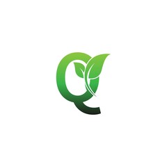 Letter Q with green leafs icon logo design template illustration