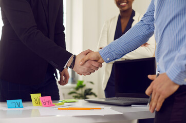 Hands shake for job interview, negotiation, agreement or sale. Business person meeting with client,...
