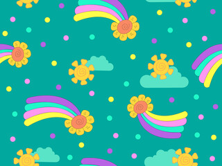Fototapeta na wymiar Seamless vector pattern with rainbow, sun and clouds on children's print pattern. Cartoon rainbow and sun.