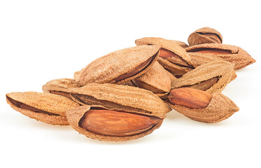 Pile of almonds nuts with shell isolated on a white background. Fresh almonds.