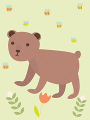 Cute teddy bear surrounded by bees. Flat vector illustration for children