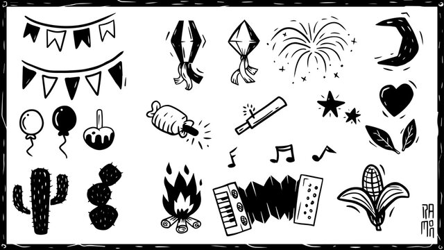 Elementos festa junina, S&atilde;o Jo&atilde;o, sanfona, fogueira, cacto, fogos, Xilogravura, Nordeste do Brasil. accordion, bonfire, cactus, fireworks, Woodcut, Northeastern Brazil.