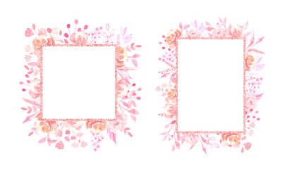 Watercolor hand painted pink flowers frame, wreath, bouquet for wedding greetings, stationary, wallpapers, background. High quality illustration