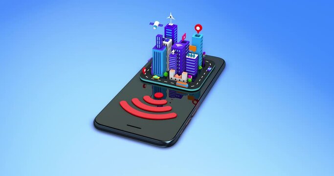 Digital Wireless Smart City Concept On Smart Phone. Artificial Intelligence. Technology Related 3D 4K Motion Graphics.