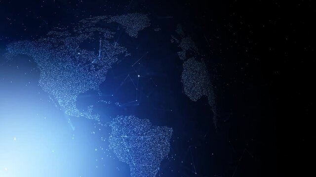 Digital dark blue cyberspace with binary numbers and moving world map animation background.