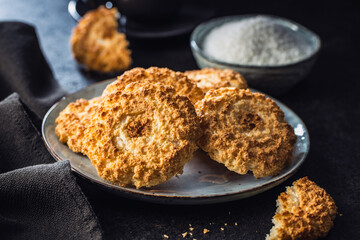 Sweet coconut cookies. Tasty biscuits with coconut flavor.