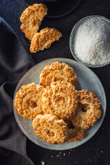 Sweet coconut cookies. Tasty biscuits with coconut flavor.