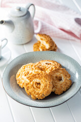 Sweet coconut cookies. Tasty biscuits with coconut flavor.