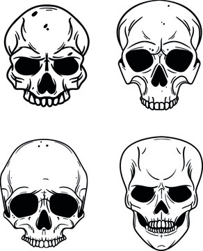 Set of human skull illustrations on white background. Design element for label, emblem, sign,logo, poster. Vector image
