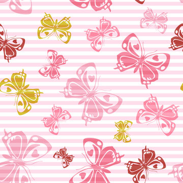 Flying butterfly silhouettes over striped background vector seamless pattern.