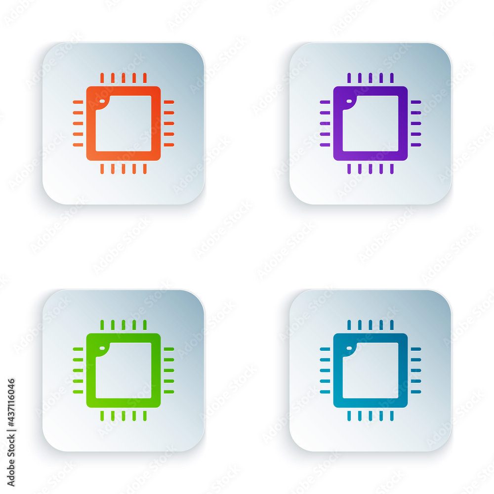Poster color computer processor with microcircuits cpu icon isolated on white background. chip or cpu with 