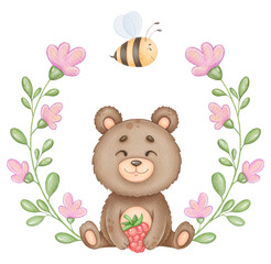 Cute bear and flowers wreath cute children illustration