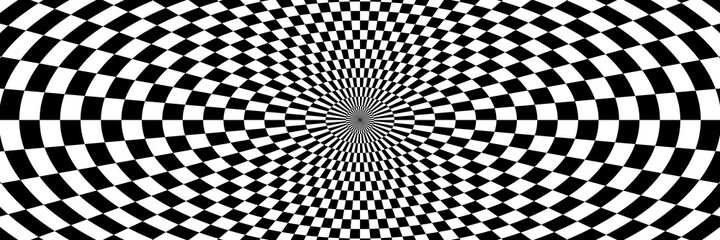 Vector illustration of checkered pattern with optical illusion. Op art abstract background. Long horizontal banner.