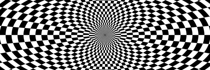Vector illustration of checkered pattern with optical illusion. Op art abstract background. Long horizontal banner.