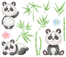 Cute panda and bamboo clip art on white isolated