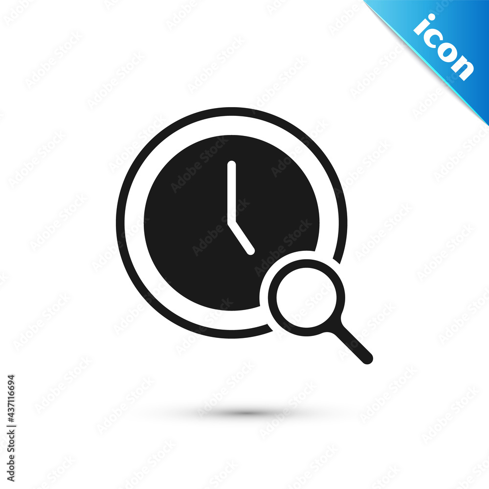 Poster grey magnifying glass with clock icon isolated on white background. clock search. vector