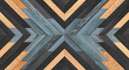 Old shabby wooden wall panel made of barn boards. Dark wood texture. Wooden background with chevron pattern. - 437117282