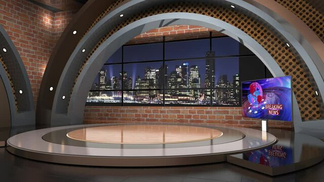 Classic indoor 3D virtual studio_News Studio, Backdrop For TV Shows .TV On Wall.3D Virtual News Studio Background Loop