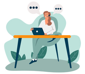 Vector illustration, customer service, hotline operator advises customer, online global technical support 24/7, customer and operator vector