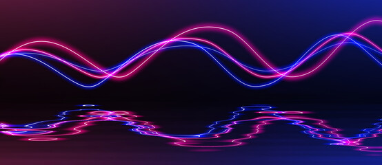 Abstract neon wavy impulse line glowing on water reflection. Pulse power lines. 