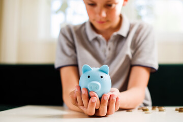 Obraz na płótnie Canvas Kids financial education and responsibility, accumulation and savings planning. The child manages and deposits his finance, Investment concept.