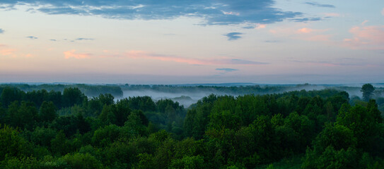 Fog spreads over the lowlands along the forest during sunset. Evening landscape. Clouds in the setting sky.
