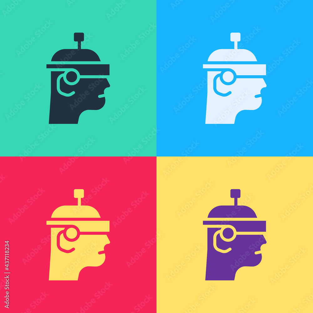 Poster pop art smart glasses mounted on spectacles icon isolated on color background. wearable electronics 