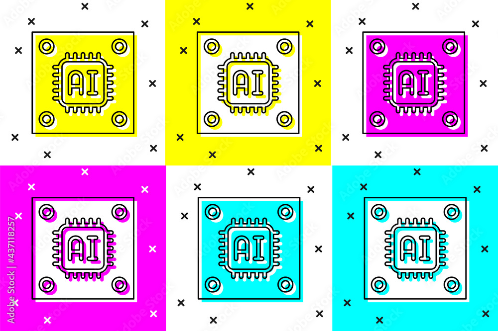 Poster set computer processor with microcircuits cpu icon isolated on color background. chip or cpu with ci