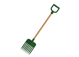 Illustration of a green pitchfork with a wooden handle. Garden cleaning tools