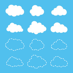 Set of cloud outline icons. Nature symbol vector illustration on blue sky background.