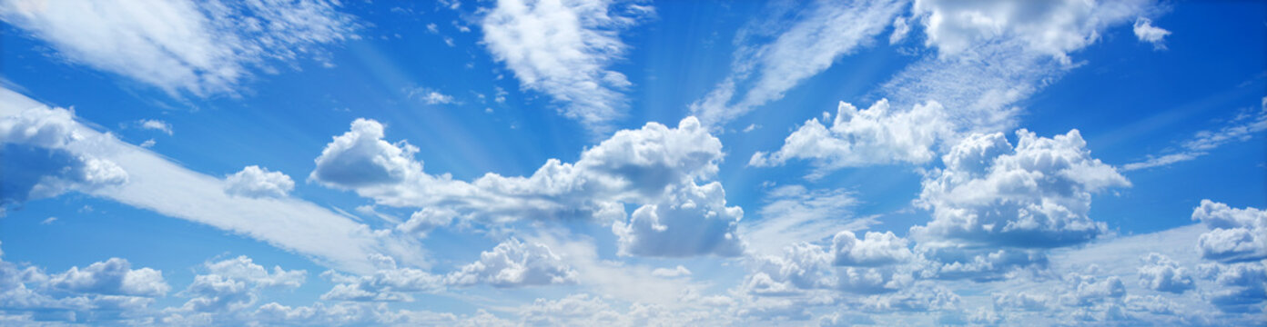 Divine blue sky and fluffy clouds, rays radiating Wonderful Heavenly Light. Banner ad