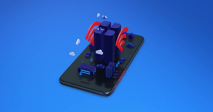 Smart City Life On Smartphone. Isometric Futuristic Concept. Wireless Symbol. Technology Related 3D 4K Motion Graphics.
