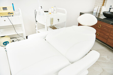 Cropped view of beauty room with comfortable massage table for spa procedures ain luxury spa clinic