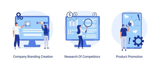 A set of vector illustrations of the abstract concept of strategic business planning. Creating company branding, researching competitors, promoting the product.