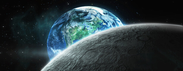 Planet earth hiding behind the moon. 3D rendering concept from outer space