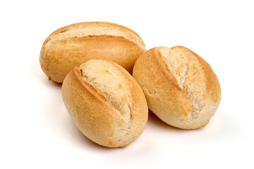 Freshly baked rustic buns, French rolls, isolated on white background. High resolution image.